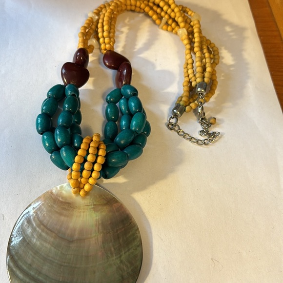 Boho Necklace with large Abalone shell wood beads multi strand design 24”. - Picture 3 of 4